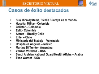 ESCRITORIO VIRTUAL

Casos de éxito destacados
➔   Sun Microsystems, 35.000 Sunrays en el mundo
➔   Hospital Militar - Colombia
➔   Cellstar – Colombia
➔   Eafit - Colombia
➔   Atento – Brasil y Chile
➔   Entel – Chile
➔   Ministerio del Trabajo – Venezuela
➔   Hospitales Angeles – México
➔   Martina Di Trento - Argentina
➔   Verizon Wireless – USA
➔   Saudi Arabian National Guard Health Affairs – Arabia
➔   Time Warner - USA
 