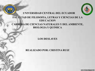 UNIVERSIDAD CENTRAL DEL ECUADOR
FACULTAD DE FILOSOFIA, LETRAS Y CIENCIAS DE LA
EDUCACION
CARRERA DE CIENCIAS NATURALES Y DELAMBIENTE,
BIOLOGIAY QUIMICA
LOS DESLAVES
REALIZADO POR: CRISTINA RUIZ
 