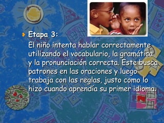 Etapa 3: El niño intenta hablar correctamente utilizando el vocabulario, la gramática y la pronunciación correcta. Este busca patrones en las oraciones y luego trabaja con las reglas, justo como lo hizo cuando aprendía su primer idioma . 