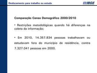 Deslocamento para trabalho ou estudo
          Aperfeiçoamentos no Censo Demográfico 2010:


    Comparação Censo Demográfico 2000/2010

    • Restrições metodológicas quando há diferenças na
    coleta da informação;

    • Em 2010, 14.357.834 pessoas trabalhavam ou
    estudavam fora do município de residência, contra
    7.327.041 pessoas em 2000.
     Desmembrou-se a pergunta sobre deslocamento, dividida
        em deslocamento e deslocamento para trabalho.

          Incluída pergunta sobre tempo de deslocamento
 