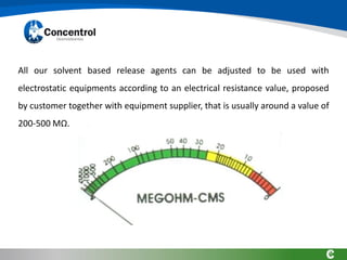 All our solvent based release agents can be adjusted to be used with
electrostatic equipments according to an electrical resistance value, proposed
by customer together with equipment supplier, that is usually around a value of
200-500 MΩ.
 