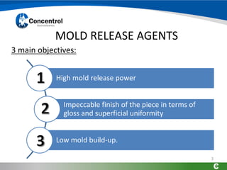 3
MOLD RELEASE AGENTS
3 main objectives:
High mold release power
Impeccable finish of the piece in terms of
gloss and superficial uniformity
Low mold build-up.
 