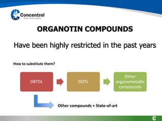 ORGANOTIN COMPOUNDS
Have been highly restricted in the past years
DBTDL DOTL
Other
organometallic
compounds
Other compounds + State-of-art
How to substitute them?
 