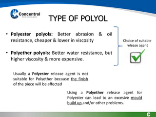 TYPE OF POLYOL
• Polyester polyols: Better abrasion & oil
resistance, cheaper & lower in viscosity
• Polyether polyols: Better water resistance, but
higher viscosity & more expensive.
Choice of suitable
release agent
Usually a Polyester release agent is not
suitable for Polyether because the finish
of the piece will be affected
Using a Polyether release agent for
Polyester can lead to an excesive mould
build up and/or other problems.
 