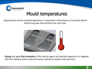 Mould temperatures
Adjusting the correct mould temperature is a key point in the process of curing the blend
Polyol-Isocynate that will form the shoe sole.
Drying and good film formation of the release agent will basically depend on it together
with the drying of active material’s carrier (solvent or water) and cycle time.
 