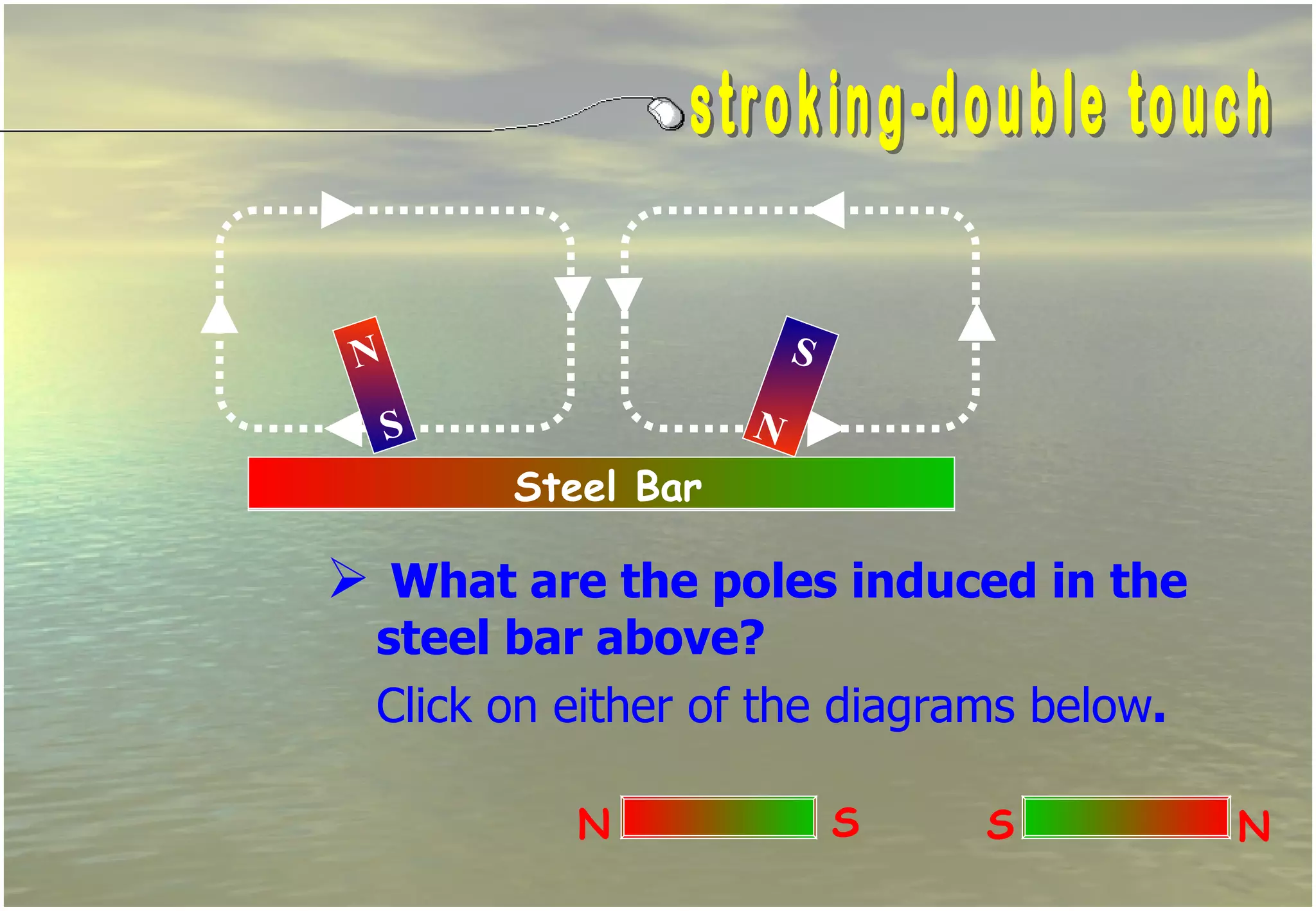 N                       S
     S               N
         Steel Bar

 What are the poles induced in the
  steel bar above?
  Click on either of the diagrams below.

            N                S   S         N
 