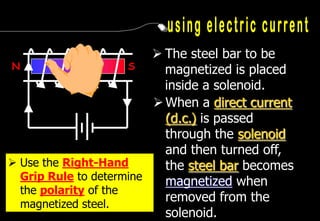  The steel bar to be
N                     S    magnetized is placed
                           inside a solenoid.
                          When a direct current
                           (d.c.) is passed
                           through the solenoid
                           and then turned off,
 Use the Right-Hand       the steel bar becomes
  Grip Rule to determine   magnetized when
  the polarity of the
  magnetized steel.
                           removed from the
                           solenoid.
 