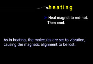  Heat magnet to red-hot.
                         Then cool.


As in heating, the molecules are set to vibration,
causing the magnetic alignment to be lost.
 
