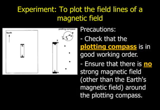 Experiment: To plot the field lines of a
           magnetic field
                    Precautions:
                    - Check that the
                    plotting compass is in
                    good working order.
                    - Ensure that there is no
                    strong magnetic field
                    (other than the Earth's
                    magnetic field) around
                    the plotting compass.
 