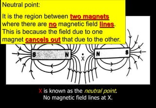 Neutral point:
It is the region between two magnets
where there are no magnetic field lines.
This is because the field due to one
magnet cancels out that due to the other.




             X is known as the neutral point.
               No magnetic field lines at X.
 