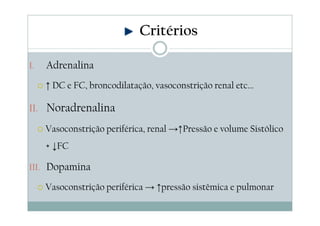 I. Adrenalina
↑ DC e FC, broncodilatação, vasoconstrição renal etc...
II. Noradrenalina
Vasoconstrição periférica, renal →↑Pressão e volume Sistólico
+ ↓FC
III. Dopamina
Vasoconstrição periférica → ↑pressão sistêmica e pulmonar
Critérios
 