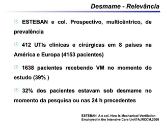 ESTEBAN A e col. How is Mechanical VentilationESTEBAN A e col. How is Mechanical Ventilation
Employed in the Intensive Care Unit?AJRCCM,2000Employed in the Intensive Care Unit?AJRCCM,2000
 ESTEBAN e col. Prospectivo, multicêntrico, deESTEBAN e col. Prospectivo, multicêntrico, de
prevalênciaprevalência
 412 UTIs clínicas e cirúrgicas em 8 países na412 UTIs clínicas e cirúrgicas em 8 países na
América e Europa (4153 pacientes)América e Europa (4153 pacientes)
 1638 pacientes recebendo VM no momento do1638 pacientes recebendo VM no momento do
estudo (39% )estudo (39% )
 32% dos pacientes estavam sob desmame no32% dos pacientes estavam sob desmame no
momento da pesquisa ou nas 24 h precedentesmomento da pesquisa ou nas 24 h precedentes
Desmame - RelevânciaDesmame - Relevância
 
