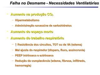 Falha no Desmame - Necessidades VentilatóriasFalha no Desmame - Necessidades Ventilatórias
• Aumento na produção COAumento na produção CO22
– HipermetabolismoHipermetabolismo
– Administração excessiva de carbohidratosAdministração excessiva de carbohidratos
• Aumento do espaço mortoAumento do espaço morto
• Aumento do trabalho respiratórioAumento do trabalho respiratório
– ↑↑ Resistência dos circuitos, TOT ou de VA (edema)Resistência dos circuitos, TOT ou de VA (edema)
– Mal ajuste do respirador (disparo, fluxo, assincronia)Mal ajuste do respirador (disparo, fluxo, assincronia)
– PEEP intrínseco e extrínsecoPEEP intrínseco e extrínseco
– Redução da complacência (edema, fibrose, infiltrado,Redução da complacência (edema, fibrose, infiltrado,
hemorragia)hemorragia)
 