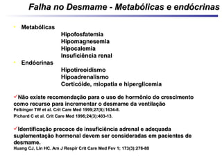 Falha no Desmame - Metabólicas e endócrinasFalha no Desmame - Metabólicas e endócrinas
• MetabólicasMetabólicas
» HipofosfatemiaHipofosfatemia
» HipomagnesemiaHipomagnesemia
» HipocalemiaHipocalemia
» Insuficiência renalInsuficiência renal
• EndócrinasEndócrinas
» HipotireoidismoHipotireoidismo
» HipoadrenalismoHipoadrenalismo
» Corticóide, miopatia e hiperglicemiaCorticóide, miopatia e hiperglicemia
Não existe recomendação para o uso de hormônio do crescimentoNão existe recomendação para o uso de hormônio do crescimento
como recurso para incrementar o desmame da ventilaçãocomo recurso para incrementar o desmame da ventilação
Felbinger TW et al. Crit Care Med 1999;27(8):1634-8.Felbinger TW et al. Crit Care Med 1999;27(8):1634-8.
Pichard C et al. Crit Care Med 1996;24(3):403-13.Pichard C et al. Crit Care Med 1996;24(3):403-13.
Identificação precoce de insuficiência adrenal e adequadaIdentificação precoce de insuficiência adrenal e adequada
suplementação hormonal devem ser consideradas em pacientes desuplementação hormonal devem ser consideradas em pacientes de
desmame.desmame.
Huang CJ, Lin HC. Am J Respir Crit Care Med Fev 1; 173(3):276-80Huang CJ, Lin HC. Am J Respir Crit Care Med Fev 1; 173(3):276-80
 
