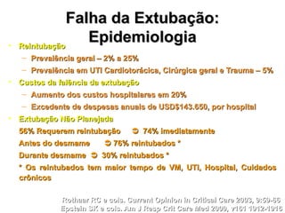 Falha da Extubação:Falha da Extubação:
EpidemiologiaEpidemiologia• ReintubaçãoReintubação
– Prevalência geral – 2% a 25%Prevalência geral – 2% a 25%
– Prevalência em UTI Cardiotorácica, Cirúrgica geral e Trauma – 5%Prevalência em UTI Cardiotorácica, Cirúrgica geral e Trauma – 5%
• Custos da falência da extubaçãoCustos da falência da extubação
– Aumento dos custos hospitalares em 20%Aumento dos custos hospitalares em 20%
– Excedente de despesas anuais de USD$143.650, por hospitalExcedente de despesas anuais de USD$143.650, por hospital
• Extubação Não PlanejadaExtubação Não Planejada
56% Requerem reintubação56% Requerem reintubação  74% imediatamente74% imediatamente
Antes do desmameAntes do desmame  76% reintubados *76% reintubados *
Durante desmameDurante desmame  30% reintubados *30% reintubados *
* Os reintubados tem maior tempo de VM, UTI, Hospital, Cuidados* Os reintubados tem maior tempo de VM, UTI, Hospital, Cuidados
crônicoscrônicos
Rothaar RC e cols. Current Opinion in Critical Care 2003, 9:59-66Rothaar RC e cols. Current Opinion in Critical Care 2003, 9:59-66
Epstein SK e cols. Am J Resp Crit Care Med 2000, v161 1912-1916Epstein SK e cols. Am J Resp Crit Care Med 2000, v161 1912-1916
 