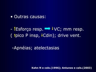 • Outras causas:
- Esforço resp. VC; mm resp.
( pico P insp, Cdin); drive vent.
-Apnéias; atelectasias
Kahn N e cols.(1996); Antunes e cols.(2003)
 
