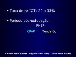 • Taxa de re-IOT: 22 a 33%
• Período pós-extubação:
RNBP
CPAP Tenda O2
Antunes e cols. (2003); Higgins e cols.(1991); Davies e cols. (1998)
 