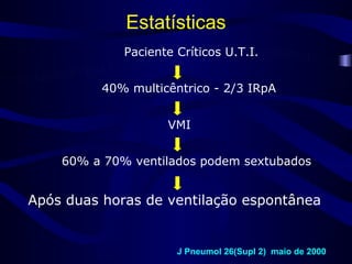 Estatísticas
             Paciente Críticos U.T.I.


          40% multicêntrico - 2/3 IRpA


                    VMI


    60% a 70% ventilados podem sextubados


Após duas horas de ventilação espontânea


                      J Pneumol 26(Supl 2) maio de 2000
 
