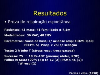 Resultados
• Prova de respiração espontânea
Pacientes: 43 masc; 41 fem; idade ± 7,5m
Modalidades: 36 VAC; 48 IMV

Parâmetros: causa de base; s/ acidose resp; FiO2 ≤ 0,40;
            PEEP≤ 5; Pinsp < 25; s/ sedação

Teste: 2 h tubo T (stress resp., troca gasosa)
Sucesso: 75    10 Re-IOT (pneum; atelec, RNC)
Falha: 9: SaO2<90% (4); f> 62 (2); PAM< 45 (1);
          W resp (2)


                                          Farias e cols. (1998)
 