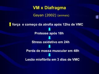 VM x Diafragma
            Gayan (2002)   (animais)


força e começo da atrofia após 12hs de VMC

             Protease após 18h

           Stress oxidativo em 24h

        Perda de massa muscular em 48h

       Lesão miofibrila em 3 dias de VMC
 