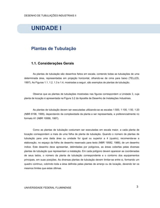 DESENHO DE TUBULAÇÕES INDUSTRIAIS II




      UNIDADE I


      Plantas de Tubulação


      1.1. Considerações Gerais

       As plantas de tubulação são desenhos feitos em escala, contendo todas as tubulações de uma
determinada área, representadas em projeção horizontal, olhando-se de cima para baixo (TELLES,
1997). As Figuras 1.1, 1.2, 1.3 e 1.4, mostradas a seguir, são exemplos de plantas de tubulação.



       Observe que as plantas de tubulações mostradas nas figuras correspondem a Unidade 3, cuja
planta de locação é apresentada na Figura 3.2 da Apostila de Desenho de Instalações Industriais.



       As plantas de tubulação devem ser executadas utilizando-se as escalas 1:500, 1:100, 1:50, 1:20
(NBR 8196, 1999), dependendo da complexidade da planta a ser representada, e preferencialmente no
formato A1 (NBR 10068, 1987).



       Como as plantas de tubulação costumam ser executadas em escala maior, a cada planta de
locação correspondem a mais de uma folha de planta de tubulação. Quando o número de plantas de
tubulação para uma dada área ou unidade for igual ou superior a 4 (quatro), recomenda-se a
elaboração, no espaço da folha de desenho reservado para texto (NBR 19582, 1988), de um desenho
índice. Este desenho deve apresentar, delimitadas por polígonos, as áreas cobertas pelas diversas
plantas de tubulação que representam a instalação. Em cada polígono devem aparecer as coordenadas
de seus lados, o número da planta de tubulação correspondente e o contorno dos equipamentos
principais, em suas posições. As diversas plantas de tubulação devem limitar-se entre si, formando um
quadro contínuo, cobrindo toda a área definida pelas plantas de arranjo ou de locação, devendo ter os
mesmos limites que estas últimas.




UNIVERSIDADE FEDERAL FLUMINENSE                                                                    3
 