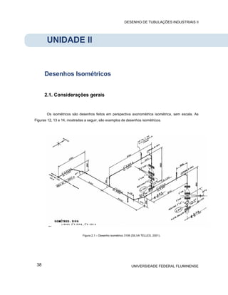 DESENHO DE TUBULAÇÕES INDUSTRIAIS II




       UNIDADE II


      Desenhos Isométricos


      2.1. Considerações gerais


       Os isométricos são desenhos feitos em perspectiva axonométrica isométrica, sem escala. As
Figuras 12, 13 e 14, mostradas a seguir, são exemplos de desenhos isométricos.




                             Figura 2.1 – Desenho isométrico 3106 (SILVA TELLES, 2001).




 38                                                              UNIVERSIDADE FEDERAL FLUMINENSE
 