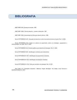 DESENHO DE TUBULAÇÕES INDUSTRIAIS II




      BIBLIOGRAFIA


      ABNT NBR 8196, Emprego de escalas. 1999.


      ABNT NBR 10068, Folha de desenho – Leiaute e dimensões. 1987.


      ABNT NBR 10582, Apresentação da folha para desenho técnico. 1988.


      Norma PETROBRAS N-381, Execução de desenhos e outros documentos técnicos em geral. Rev. G. 2005.


       Norma PETROBRAS N-42, Projeto de sistema de aquecimento externo de tubulação, equipamento e
instrumentação, com vapor. Rev. D. 2004.


      Norma PETROBRAS N-59, Símbolos gráficos para desenhos de tubulação. Rev. D. 2004.


      Norma PETROBRAS N-901, Identificação e símbolos para instrumentos


      Norma PETROBRAS N-1521, Identificação de equipamentos industriais.


      Norma PETROBRAS N-1522, Identificação de tubulações industriais.



      Norma PETROBRAS N-1745, Folha para isométrico de tubulação. Rev. B. 2001.



        Silva Telles, P.C. Tubulações Industriais – Materiais, Projeto, Montagem. 10a. edição, Livros Técnicos e
Científicos Editora S.A. 2001.




 44                                                               UNIVERSIDADE FEDERAL FLUMINENSE
 