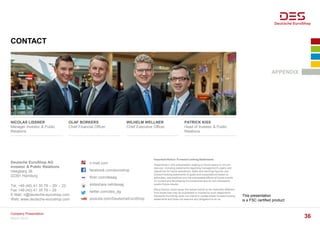 CONTACT
This presentation
is a FSC certified product
APPENDIX
NICOLAS LISSNER
Manager Investor & Public
Relations
OLAF BORKERS
Chief Financial Officer
WILHELM WELLNER
Chief Executive Officer
PATRICK KISS
Head of Investor & Public
Relations
Deutsche EuroShop AG
Investor & Public Relations
Heegbarg 36
22391 Hamburg
Tel. +49 (40) 41 35 79 – 20/ – 22
Fax +49 (40) 41 35 79 – 29
E-Mail: ir@deutsche-euroshop.com
Web: www.deutsche-euroshop.com
ir-mall.com
facebook.com/euroshop
flickr.com/desag
slideshare.net/desag
twitter.com/des_ag
youtube.com/DeutscheEuroShop
Important Notice: Forward-Looking Statements
Statements in this presentation relating to future status or circum-
stances, including statements regarding management’s plans and
objectives for future operations, sales and earnings figures, are
forward-looking statements of goals and expectations based on
estimates, assumptions and the anticipated effects of future events
on current and developing circumstances and do not necessarily
predict future results.
Many factors could cause the actual results to be materially different
from those that may be expressed or implied by such statements.
Deutsche EuroShop does not intend to update these forward-looking
statements and does not assume any obligation to do so.
March 2016
Company Presentation
36
 