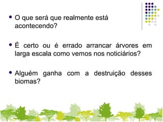  O que será que realmente está
acontecendo?
 É certo ou é errado arrancar árvores em
larga escala como vemos nos noticiários?
 Alguém ganha com a destruição desses
biomas?
 