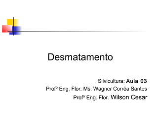 Desmatamento 
Silvicultura: Aula 03 
Profº Eng. Flor. Ms. Wagner Corrêa Santos 
Profº Eng. Flor. Wilson Cesar 
 