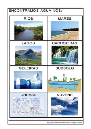 http://atividadesdaprofessorabel.blogspot.com.br/
ENCONTRAMOS ÁGUA NOS:
RIOS MARES
LAGOS CACHOEIRAS
GELEIRAS SUBSOLO
CHUVAS NUVENS
 