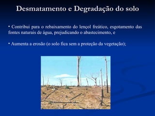 Desmatamento e Degradação do solo Contribui para o rebaixamento do lençol freático, esgotamento das fontes naturais de água, prejudicando o abastecimento, e Aumenta a erosão (o solo fica sem a proteção da vegetação); 