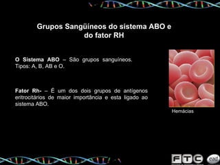 Grupos Sangüíneos do sistema ABO e do fator RH Hemácias Fator Rh-  –  É um dos dois grupos de antígenos eritrocitários de maior importância e esta ligado ao sistema ABO. O Sistema ABO  – São grupos sanguíneos. Tipos: A, B, AB e O. 