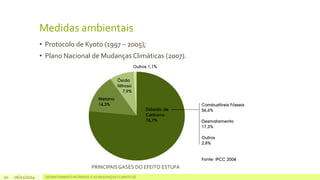 Medidas ambientais 
• Protocolo de Kyoto (1997 – 2005); 
• Plano Nacional de Mudanças Climáticas (2007). 
PRINCIPAIS GASES DO EFEITO ESTUFA 
06/11/2014 DESMATAMENTO NO 10 BRASIL E AS MUDANÇAS CLIMÁTICAS 
 
