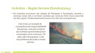 Incêndios – Região Serrana (Outubro/2014) 
• Os incêndios ocorreram nas cidades de Petrópolis e Teresópolis, durante 3 
semanas neste mês e só foram contidos por conta da forte chuva (ocorrida 
nos dias 19/20).Tal desmatamento trouxe uma série de consequências. 
Este é mais um exemplo de 
consequência da irresponsabilidade 
das pessoas, visto que a maioria 
dos incêndios apresentados foram 
constatados como criminosos. Tal 
ação, além de prejudicar o solo, 
traz problemas de saúde a muitas 
pessoas. 
06/11/2014 DESMATAMENTO NO 8 BRASIL E AS MUDANÇAS CLIMÁTICAS 
Foto Agência Brasil 
 