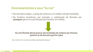 Desmatamentos e seus “lucros” 
• No mercado europeu , o preço do carbono é, em média, $16 (por tonelada); 
• Na fronteira amazônica, por exemplo, a substituição de florestas por 
pastagens gera um custo de $300 (por hectare, em média); 
Se uma floresta densa possuir 500 toneladas de carbono por hectare, 
queima-se $8.000 para ganhar $300! 
Fonte: Chomitz et al., 2006 www.worldbank.org/tropicalforestreport. 
06/11/2014 DESMATAMENTO NO 9 BRASIL E AS MUDANÇAS CLIMÁTICAS 
 