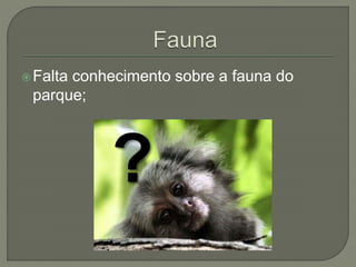 Falta conhecimento sobre a fauna do 
parque; 
? 
 