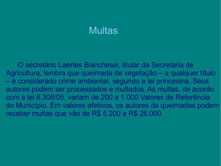 Multas O secretário Laertes Bianchessi, titular da Secretaria de Agricultura, lembra que queimada de vegetação – a qualquer título – é considerado crime ambiental, segundo a lei princesina. Seus autores podem ser processados e multados. As multas, de acordo com a lei 8.308/05, variam de 200 a 1 000 Valores de Referência do Município. Em valores efetivos, os autores de queimadas podem receber multas que vão de R$ 5.200 a R$ 26.000. 