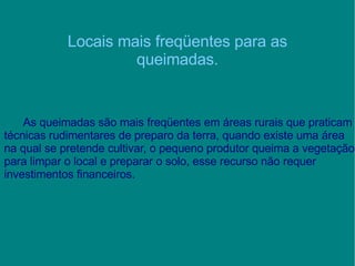 Locais mais freqüentes para as queimadas. As queimadas são mais freqüentes em áreas rurais que praticam técnicas rudimentares de preparo da terra, quando existe uma área na qual se pretende cultivar, o pequeno produtor queima a vegetação para limpar o local e preparar o solo, esse recurso não requer investimentos financeiros. 
