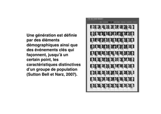 Une génération est déﬁnie
par des éléments
démographiques ainsi que
des événements clés qui
façonnent, jusqu’à un
certain point, les
caractéristiques distinctives
d’un groupe de population
(Sutton Bell et Narz, 2007).
 