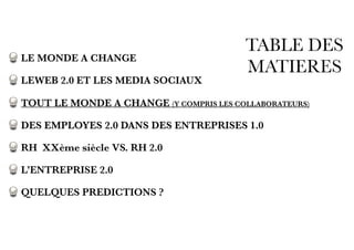 TABLE DES
MATIERES
LE MONDE A CHANGE
LEWEB 2.0 ET LES MEDIA SOCIAUX
TOUT LE MONDE A CHANGE (Y COMPRIS LES COLLABORATEURS)
DES EMPLOYES 2.0 DANS DES ENTREPRISES 1.0
RH XXème siècle VS. RH 2.0
L’ENTREPRISE 2.0
QUELQUES PREDICTIONS ?
 