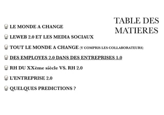 TABLE DES
MATIERES
LE MONDE A CHANGE
LEWEB 2.0 ET LES MEDIA SOCIAUX
TOUT LE MONDE A CHANGE (Y COMPRIS LES COLLABORATEURS)
DES EMPLOYES 2.0 DANS DES ENTREPRISES 1.0
RH DU XXème siècle VS. RH 2.0
L’ENTREPRISE 2.0
QUELQUES PREDICTIONS ?
 
