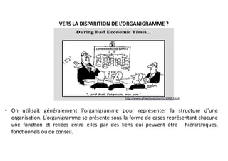 VERS	LA	DISPARITION	DE	L’ORGANIGRAMME	?
• On	 uflisait	 généralement	 l'organigramme	 pour	 représenter	 la	 structure	 d'une	
organisafon.	L'organigramme	se	présente	sous	la	forme	de	cases	représentant	chacune	
une	 foncfon	 et	 reliées	 entre	 elles	 par	 des	 liens	 qui	 peuvent	 être	 	 hiérarchiques,	
foncfonnels	ou	de	conseil.	
http://www.ahajokes.com/crt062.html
 