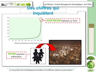 6 839 940 000 habitants sur TerreEvolution de la population mondiale depuis l’an I165 000 nouveaux urbains/jourDes chiffres qui inquiètent