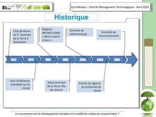 HistoriqueRapport BRUNDTLAND: « Notre avenir à tous »Sommet de JohannesburgClub de Rome et 1er Sommet de la Terre à StockholmGrenelle de l’environnement19721979198719922002200520071ère conférence mondiale sur le climat2ème Sommet de la Terre: Rio de JaneiroEntrée en vigueur du protocole de Kyoto