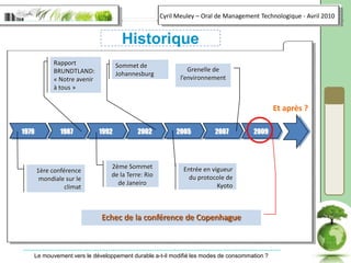 HistoriqueRapport BRUNDTLAND: « Notre avenir à tous »Sommet de JohannesburgGrenelle de l’environnementEt après ?19791987199220022005200720092ème Sommet de la Terre: Rio de JaneiroEntrée en vigueur du protocole de Kyoto1ère conférence mondiale sur le climatEchec de la conférence de Copenhague