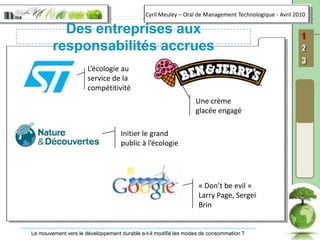 L’écologie au service de la compétitivitéUne crème glacée engagéInitier le grand public à l’écologie« Don’t be evil » Larry Page, Sergeï BrinDes entreprises aux responsabilités accrues