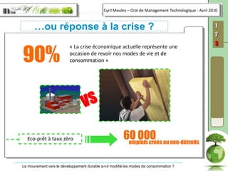 90%« La crise économique actuelle représente une occasion de revoir nos modes de vie et de consommation »VS60 000 Eco-prêt à taux zéro emplois créés ou non-détruits…ou réponse à la crise ?