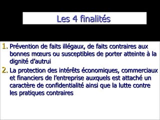 Les 4 finalités  Prévention de faits illégaux, de faits contraires aux bonnes mœurs ou susceptibles de porter atteinte à la dignité d’autrui La protection des intérêts économiques, commerciaux et financiers de l’entreprise auxquels est attaché un caractère de confidentialité ainsi que la lutte contre les pratiques contraires 
