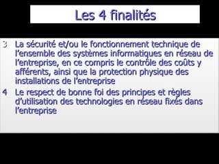 Les 4 finalités 3  La sécurité et/ou le fonctionnement technique de l’ensemble des systèmes informatiques en réseau de l’entreprise, en ce compris le contrôle des coûts y afférents, ainsi que la protection physique des installations de l’entreprise 4  Le respect de bonne foi des principes et règles d’utilisation des technologies en réseau fixés dans l’entreprise 